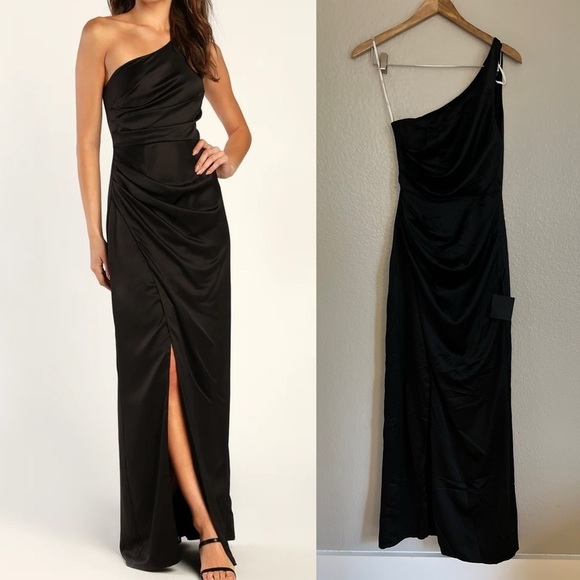 Lulus Dresses & Skirts - Dreaming of Elegance Black Satin One-Shoulder Maxi Dress